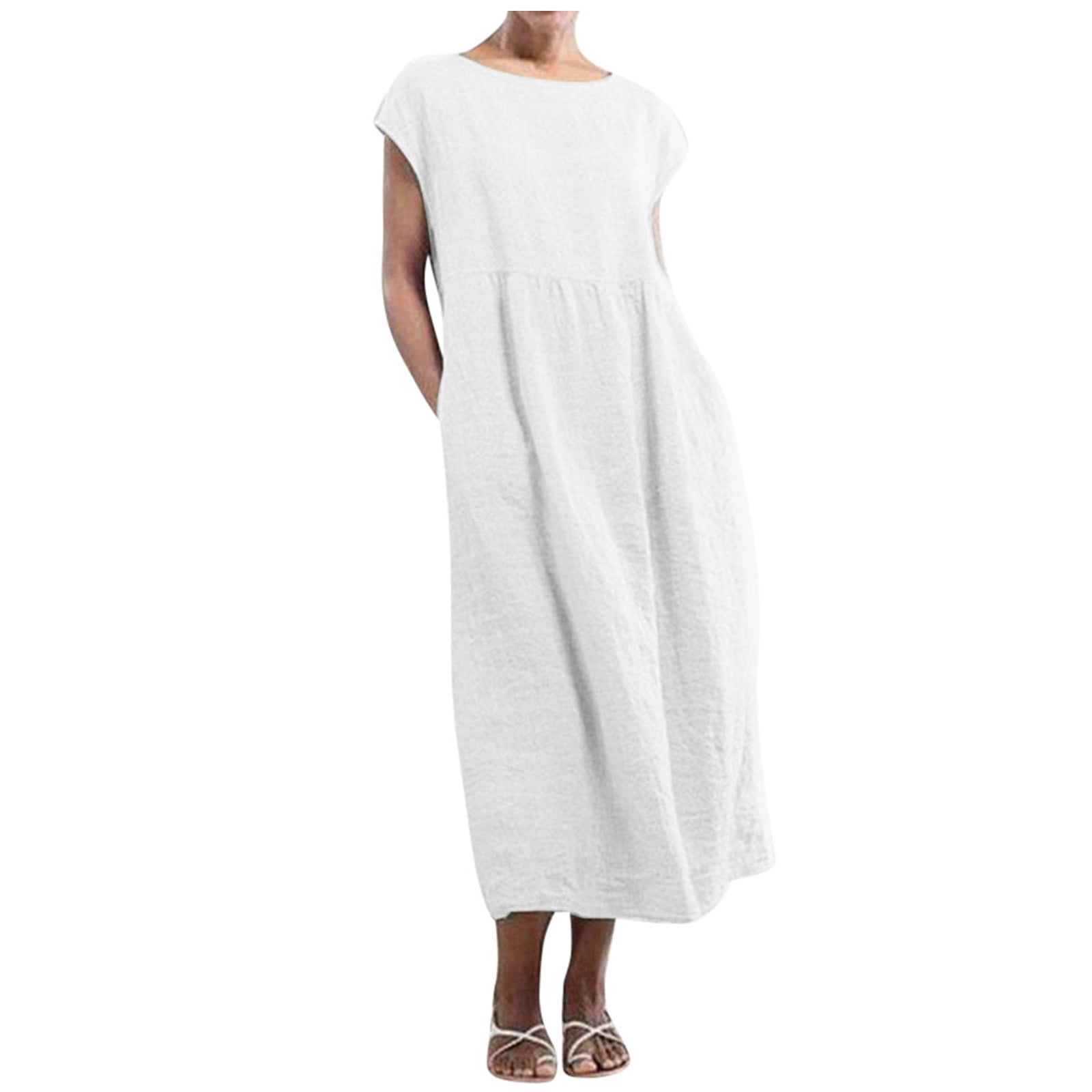 Womens Plus Size Dress ,Solid Sleeveless Maxi Pockets Linen Loose Baggy ...