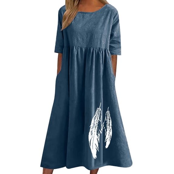 Womens Plus Size Dress Summer Cotton Linen Sundress Crew Neck Short Sleeve Casual Loose Dresses