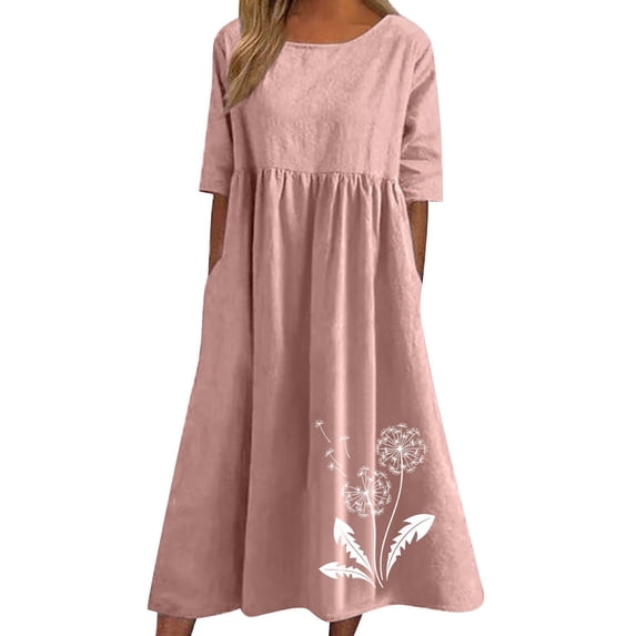 Womens Plus Size Dress Summer Cotton Linen Sundress Crew Neck Short Sleeve Casual Loose Dresses