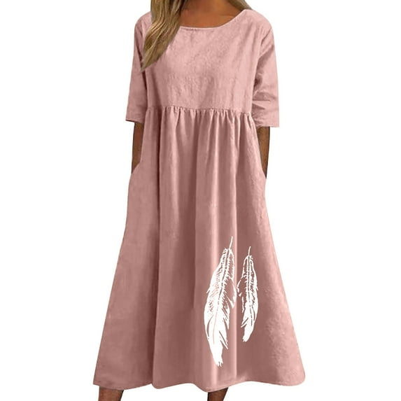 Womens Plus Size Dress Summer Cotton Linen Sundress Crew Neck Short Sleeve Casual Loose Dresses