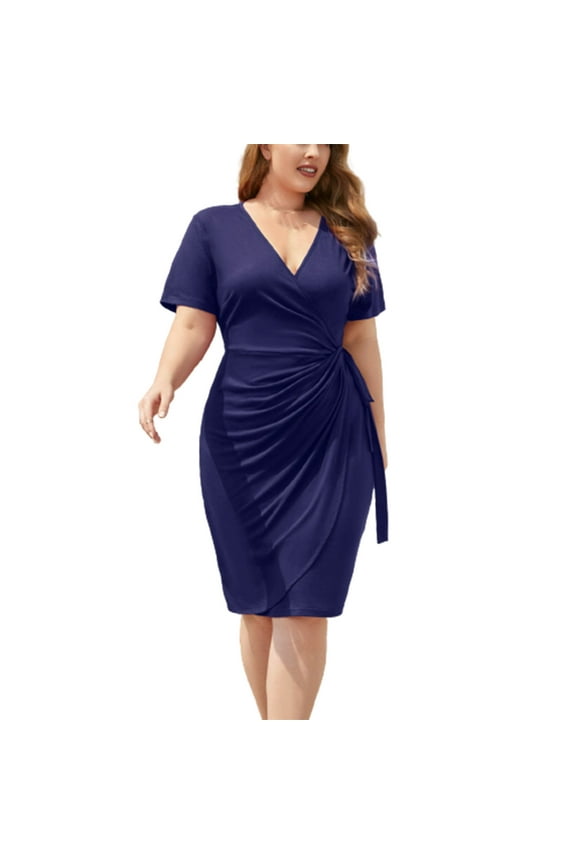 Womens Plus Size Dress Wrap V Neck Comfy Ruched Knee Length Dress Solid Short Sleeve Summer Dresses for Women
