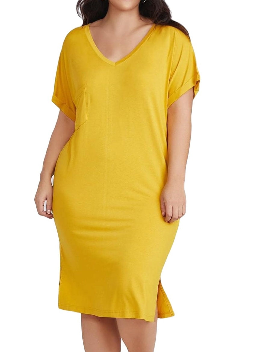 Womens Plus Size Dresses Casual Plain V neck Tee Dress Yellow 2XL