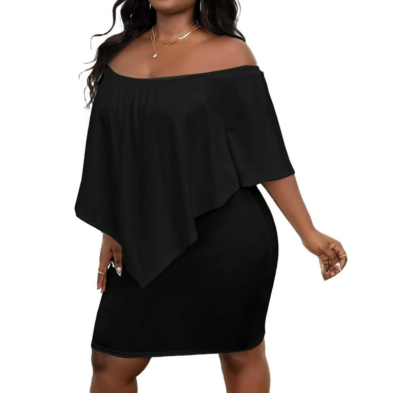 Womens Plus Size Dresses Elegant Plain Off the Shoulder Bodycon Black 1XL