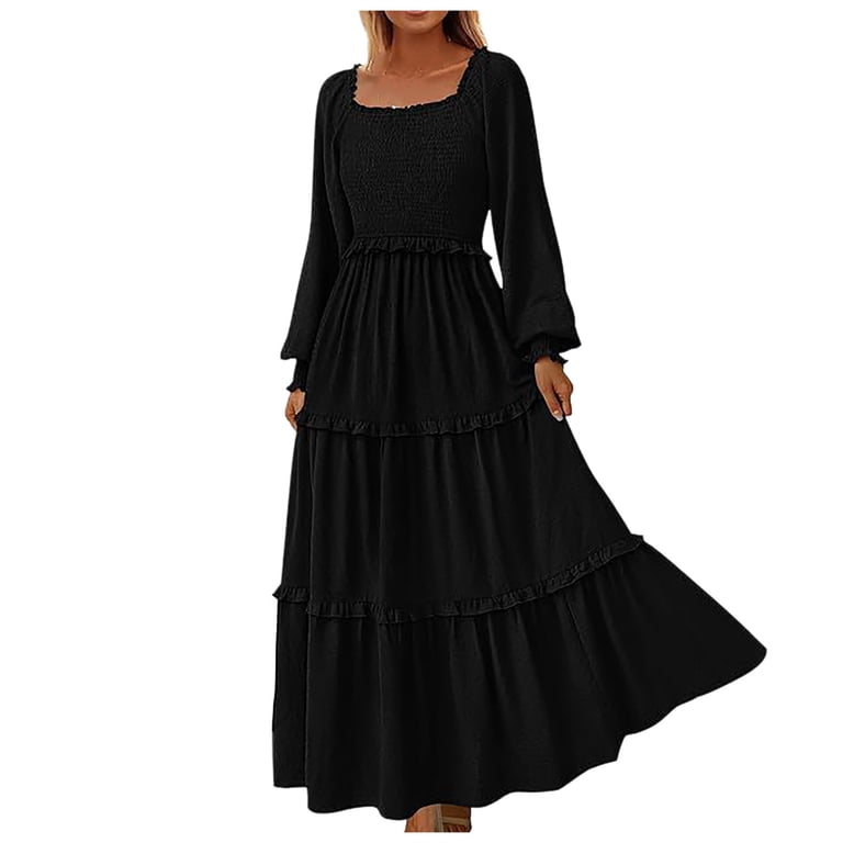 Womens Plus Size Dresses Long Sleeve Pleated Skirt Square Neck