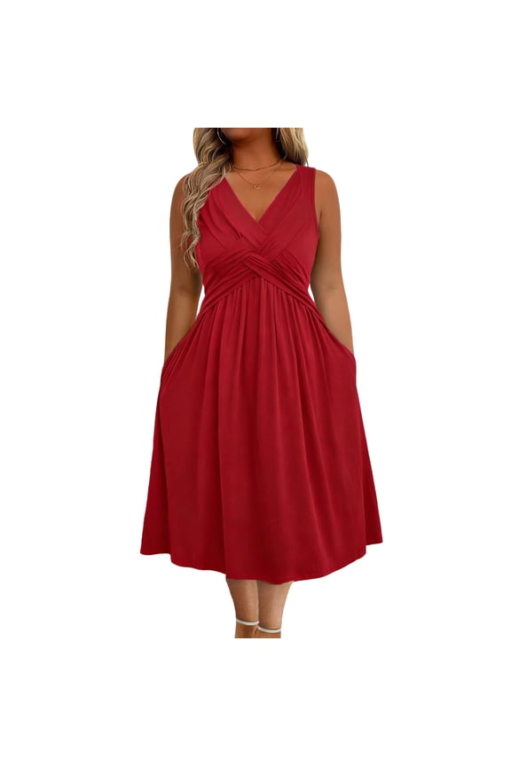 Womens Plus Size Dresses Sleeveless Wrap V Neck Sundress Casual Summer Wedding Guest Cocktail Dress with Pockets Red