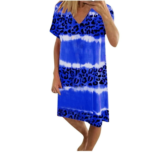 Womens Plus Size Dresses Trendy Stripe Leopard Printed Casual Loose Short Sleeve V-Neck Basic Pullover Loungewear Knee Length Tshirts Midi Dress Christmas Gifts