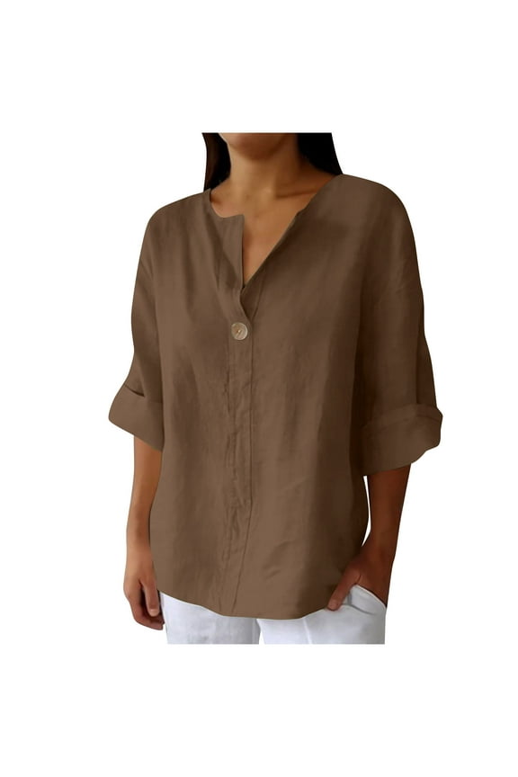 Womens Plus Size Dressy Blouses, 3/4 Sleeve Shirts for Women Fall Lightweight Casual Solid Color Cotton Linen Scoop Neck T-Shirts Summer Tops