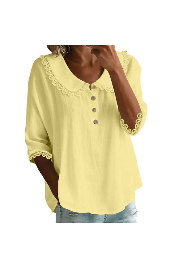 Womens Plus Size Dressy Blouses, Short Sleeve Shirts for Women Summer Sexy Lace Patchwork Lapel Button Up T-Shirts