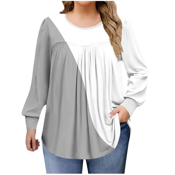 Womens Plus Size Dressy Blouses, Tunic Tops for Women Oversized Fashion Color Patchwork Ruched Flowy Crewneck Long Sleeve Shirts L-5XL