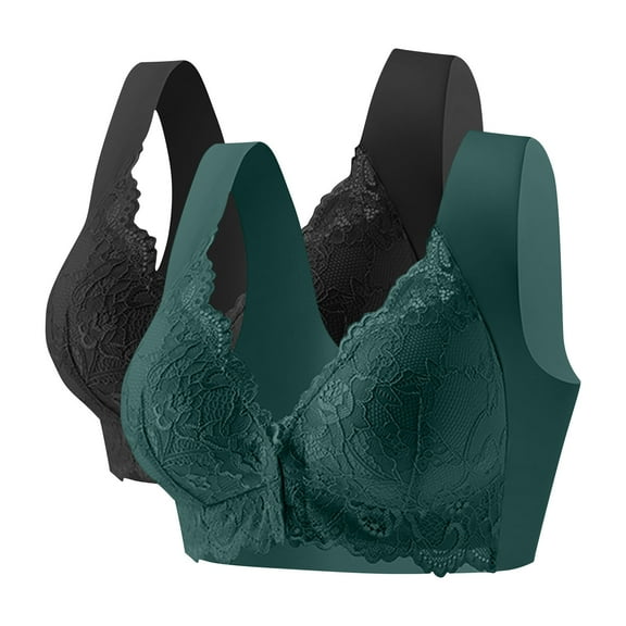 Womens Plus Size Everyday Bras, Women's Full Coverage Front Closure Posture Back Unpadded Wirefree Lace Everyday Bra -Comfort and Double Support M-5XL