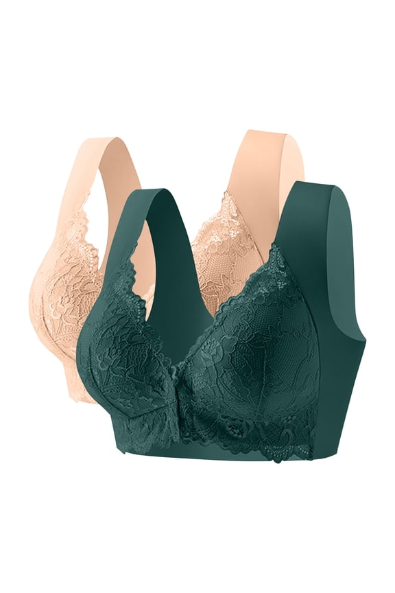 Womens Plus Size Everyday Bras, Women's Full Coverage Front Closure Posture Back Unpadded Wirefree Lace Everyday Bra -Comfort and Double Support M-5XL