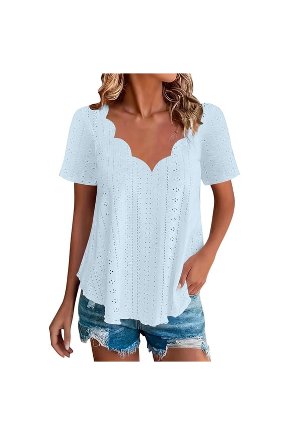 Womens Plus Size Eyelet Tops, Short Sleeve Shirts for Women Summer Casual Hollow Solid Color Wave V Neck Dressy Blouses