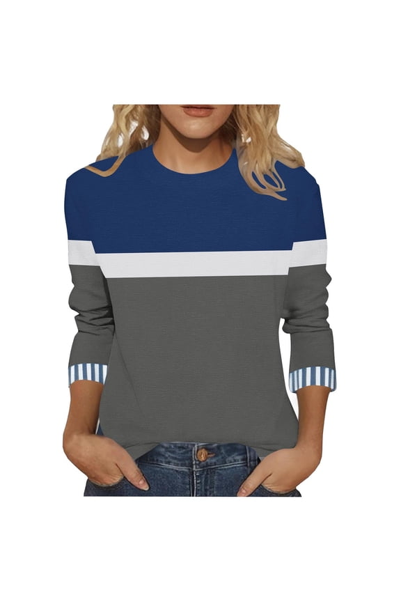 Womens Plus Size Fall Clothes, 3/4 Sleeve Shirts for Women Fashion Loose Fit Color Patchwork Crewneck Tees T-Shirts