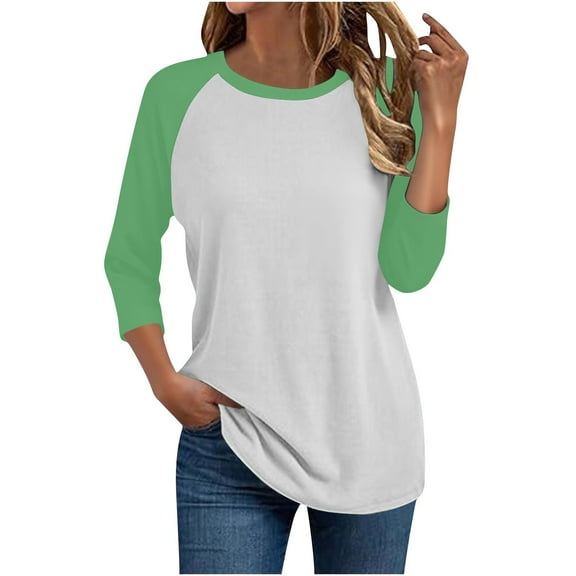 Womens Plus Size Fall Clothes, 3/4 Sleeve Shirts for Women Fashion Loose Fit Color Patchwork Raglan Sleeve Crewneck T-Shirts