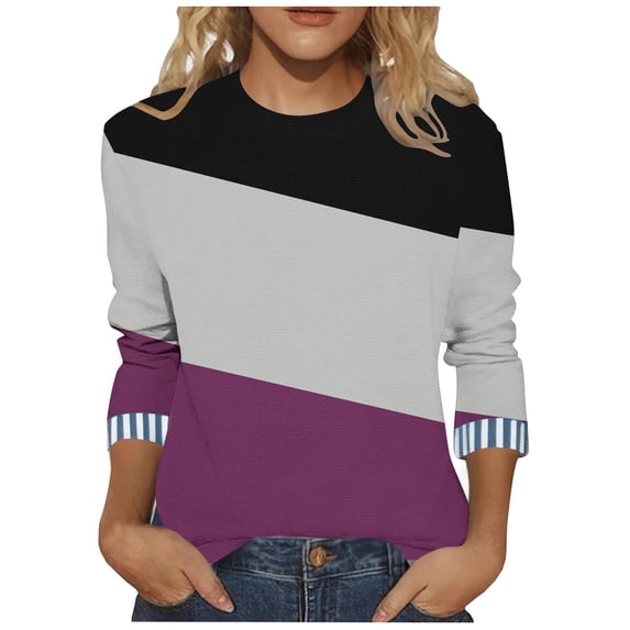 Womens Plus Size Fall Clothes, Crewneck Tees for Women Fashion Loose Fit Color Patchwork 3/4 Sleeve Shirts