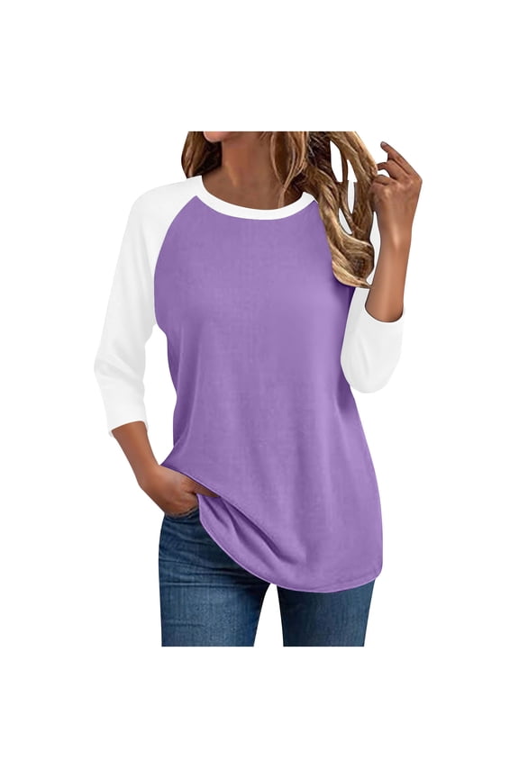 Womens Plus Size Fall Clothes, Crewneck Tees for Women Fashion Loose Fit Color Patchwork Raglan 3/4 Sleeve Shirts Basic Tops