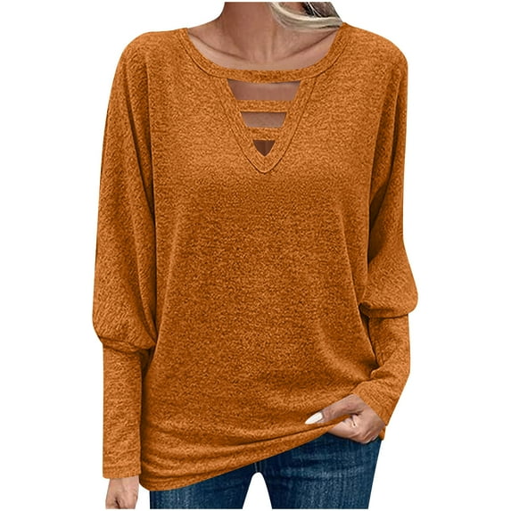 Womens Plus Size Fall Clothes, Long Sleeve Shirts for Women Dressy Casual Loose Fit Solid Color Notch Crewneck T-Shirts S-3XL