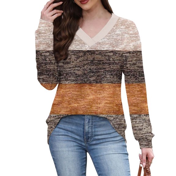 Womens Plus Size Fall Clothes, Long Sleeve Shirts for Women Fashion Loose Fit Striped Printed V Neck T-Shirts