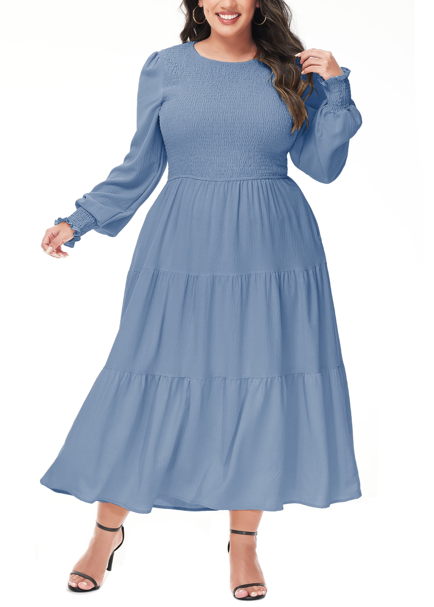Womens Plus Size Fall Crew Neck Long Balloon Sleeve Smocked High Waist  Flowy Midi Dress,4X-Large,Blue - Walmart.com