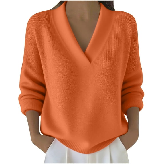 Womens Plus Size Fall Sweaters, Long Sleeve Pullover for Women Fashion Looose Fit Solid Color Knitted V Neck Sweaters