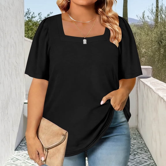 Womens Plus Size Fall Tops Square Neck Puff Long Sleeve Casual Loose Tee Shirts