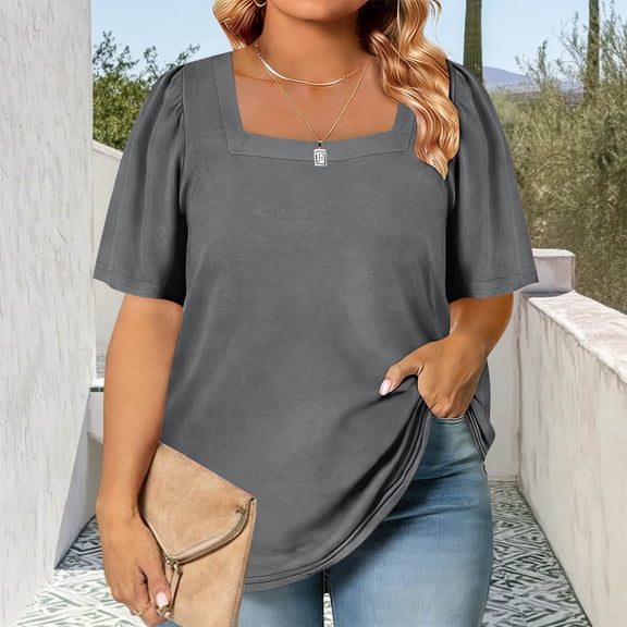 Womens Plus Size Fall Tops Square Neck Puff Long Sleeve Casual Loose Tee Shirts