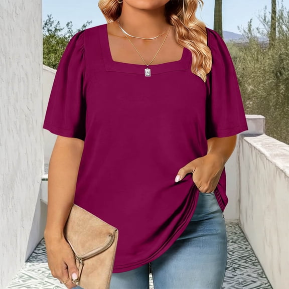 Womens Plus Size Fall Tops Square Neck Puff Long Sleeve Casual Loose Tee Shirts