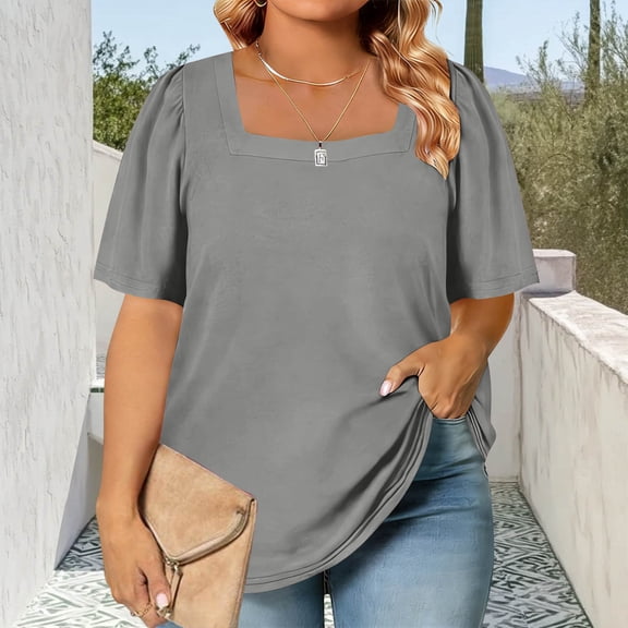 Womens Plus Size Fall Tops Square Neck Puff Long Sleeve Casual Loose Tee Shirts