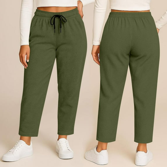 Womens Plus Size Fashion Solid Color Corduroy Pants Elastic Waist Wide-Leg Side Pockets Comfy Soft Fabric Casual Sports Daily Office Weekend Fall Winter Ladies Outfit Army Green 5XL