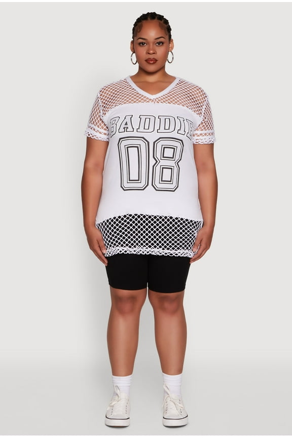 Womens Plus Size Fishnet Baddie 08 Graphic Side Slit Tee