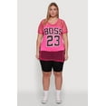 thumbnail image 1 of Womens Plus Size Fishnet Boss 23 Rhinestone Graphic Top with Varsity Stripe Details, 1 of 5