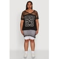 thumbnail image 1 of Womens Plus Size Fishnet Boss 23 Rhinestone Graphic Top with Varsity Stripe Details, 1 of 5