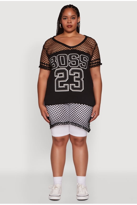 Womens Plus Size Fishnet Boss 23 Rhinestone Graphic Top with Varsity Stripe Details