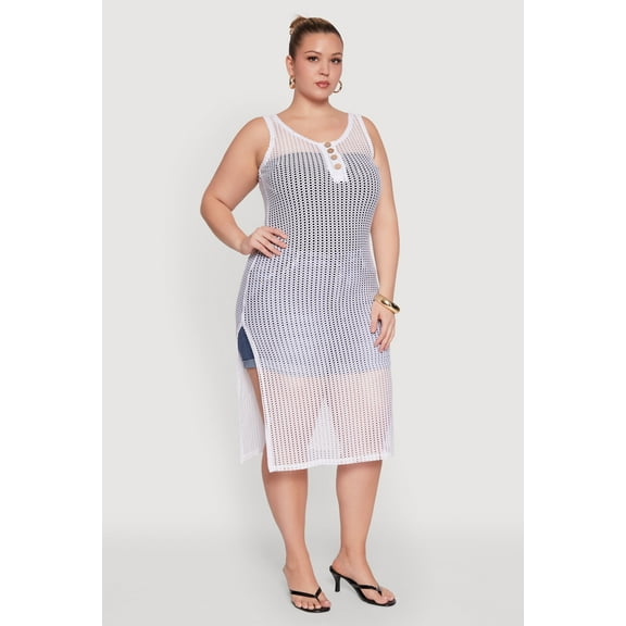 Womens Plus Size Fishnet Side Slit Maxi Cover Up