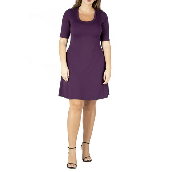Womens Plus Size Fit Flare Elbow Sleeves Dress Fit And Flar Purple 1XL