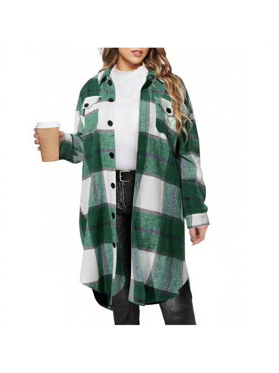 Womens Plus Size Flannel Plaid Jacket Long Casual Shacket Fall Winter Coat Lapel Collar,Button Down,Casual Oversized Fit,Midi Length Outerwear,Chest Pockets,Trendy Work,Travel Outfits