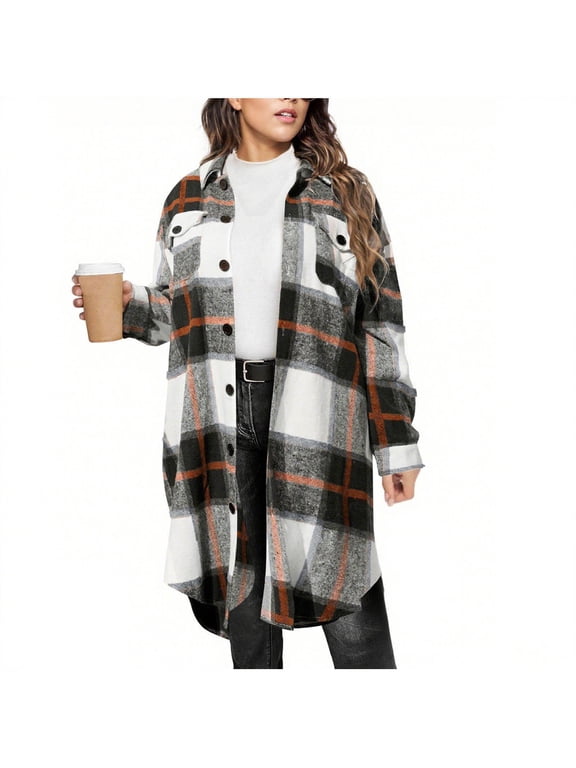 Womens Plus Size Flannel Plaid Jacket Long Casual Shacket Fall Winter Coat Lapel Collar,Button Down,Casual Oversized Fit,Midi Length Outerwear,Chest Pockets,Trendy Work,Travel Outfits