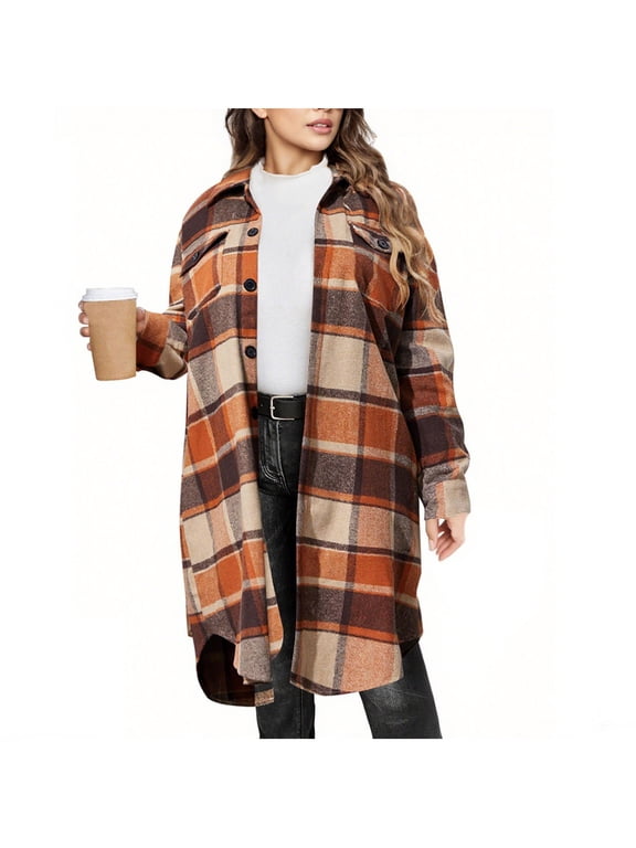 Womens Plus Size Flannel Plaid Jacket Long Casual Shacket Fall Winter Coat Lapel Collar,Button Down,Casual Oversized Fit,Midi Length Outerwear,Chest Pockets,Trendy Work,Travel Outfits