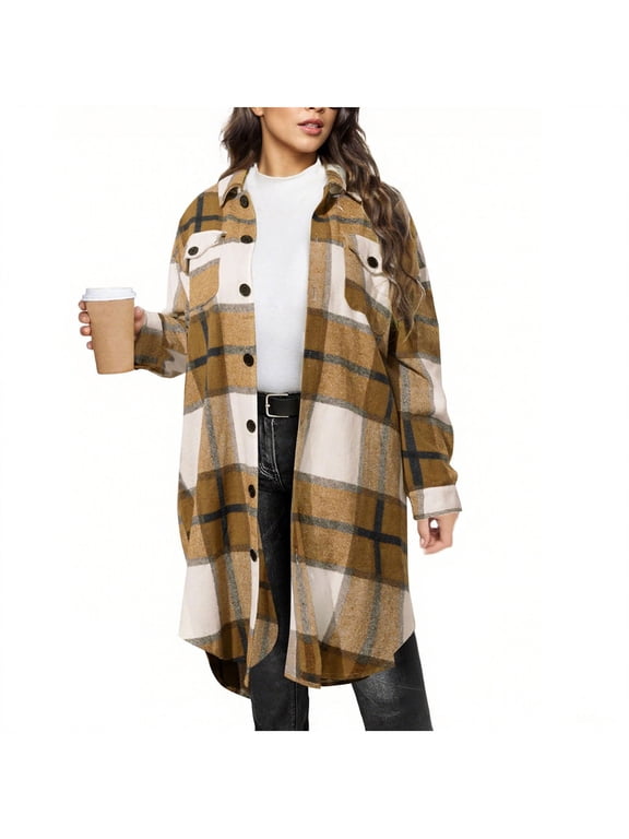 Womens Plus Size Flannel Plaid Jacket Long Casual Shacket Fall Winter Coat Lapel Collar,Button Down,Casual Oversized Fit,Midi Length Outerwear,Chest Pockets,Trendy Work,Travel Outfits