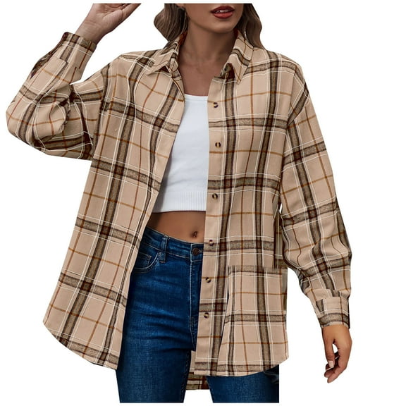 Womens Plus Size Flannel Shirts Plaid Shirts Fashion Print Casual Long Sleeve Turndown Collar Button Shirt Tops Trench Coat Winter Clothing with Pockets Khaki,L