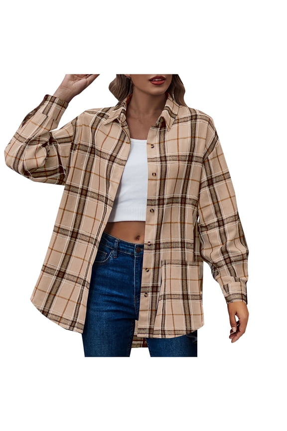Womens Plus Size Flannel Shirts Plaid Shirts Fashion Print Casual Long Sleeve Turndown Collar Button Shirt Tops Trench Coat Winter Clothing with Pockets Khaki,L
