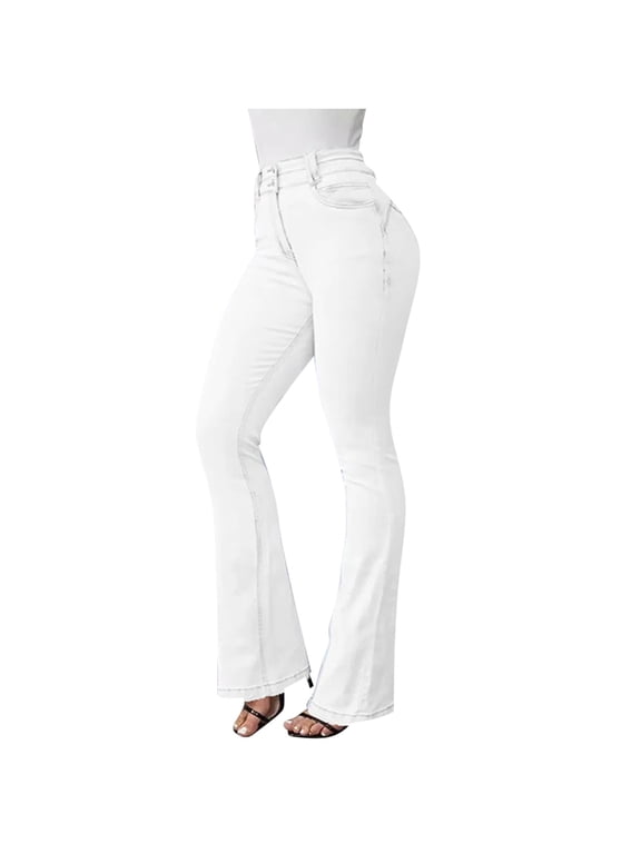 Womens Plus Size Flare Jeans High Waisted Butt Lifting Stretchy Bell Bottom Denim Pants for Women Jean Trousers (Small, White)