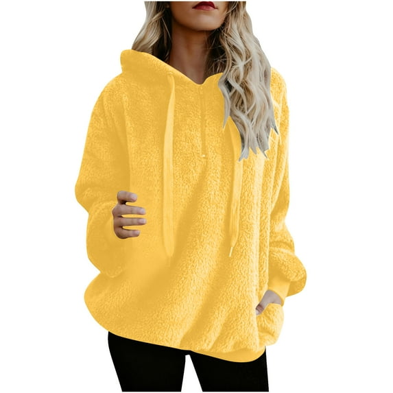Womens Plus Size Fleece Hoodies, Long Sleeve Pullover for Women Fall Fashion Loose Fit Solid Color Warm Sherpa Thin Sweaters with Pockets