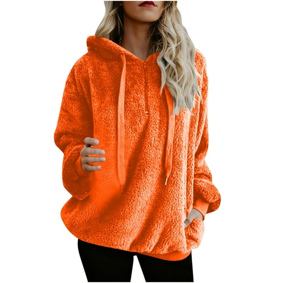 Womens Plus Size Fleece Hoodies, Long Sleeve Pullover for Women Fall Fashion Loose Fit Solid Color Warm Sherpa Thin Sweaters with Pockets