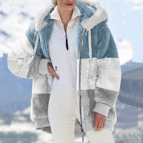 Womens Plus Size Fleece Jacket 2023 Winter Color Block Warm Jacket Loose Zipper Coats with Pockets Fuzzy Outwear