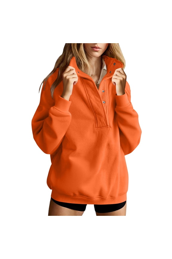 Womens Plus Size Fleece Sweatshirts, Fashion Front Button Pull on Pullover Tops Lightweight Soft Stand Collar Long Sleeve Fashion Sweatshirts No Hood B-Orange L