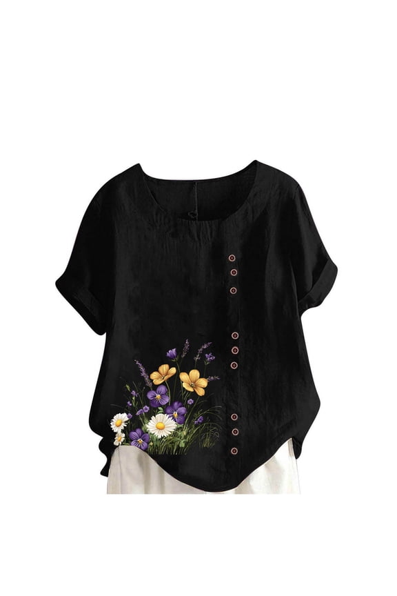 Womens Plus Size Floral Blouse | Black Loose Fit Short Sleeve Top | Scoop Neck Casual Tunic | Machine Washable,Size 2XL