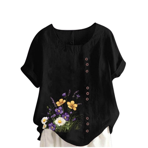 Womens Plus Size Floral Blouse | Black Loose Fit Short Sleeve Top | Scoop Neck Casual Tunic | Machine Washable,Size 3XL