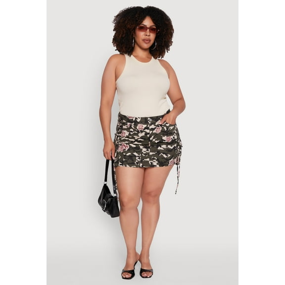 Womens Plus Size Floral Camouflage Cargo Pocket Mini Skirt