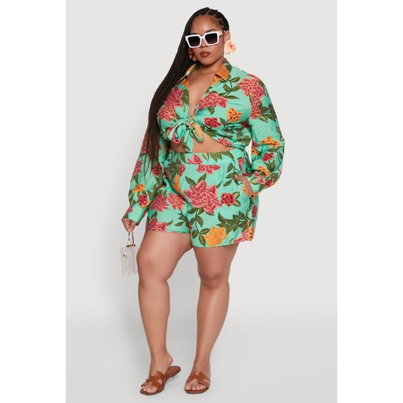 Womens Plus Size Floral High Waisted Pull On Shorts